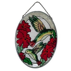 Hummingbird Suncatcher Appx 5x6 Oval Stained Glass Style Red Flowers Spoontiques